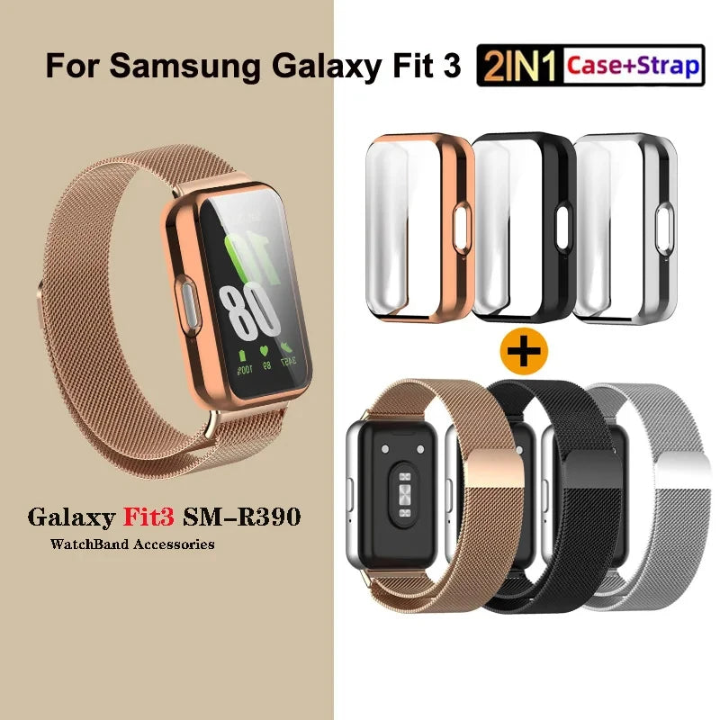 Case+Milanese Strap For Samsung Galaxy Fit 3 Full Protector Cover Band For Samsung Galaxy Fit 3 SM-R390 Magnetic Watchband