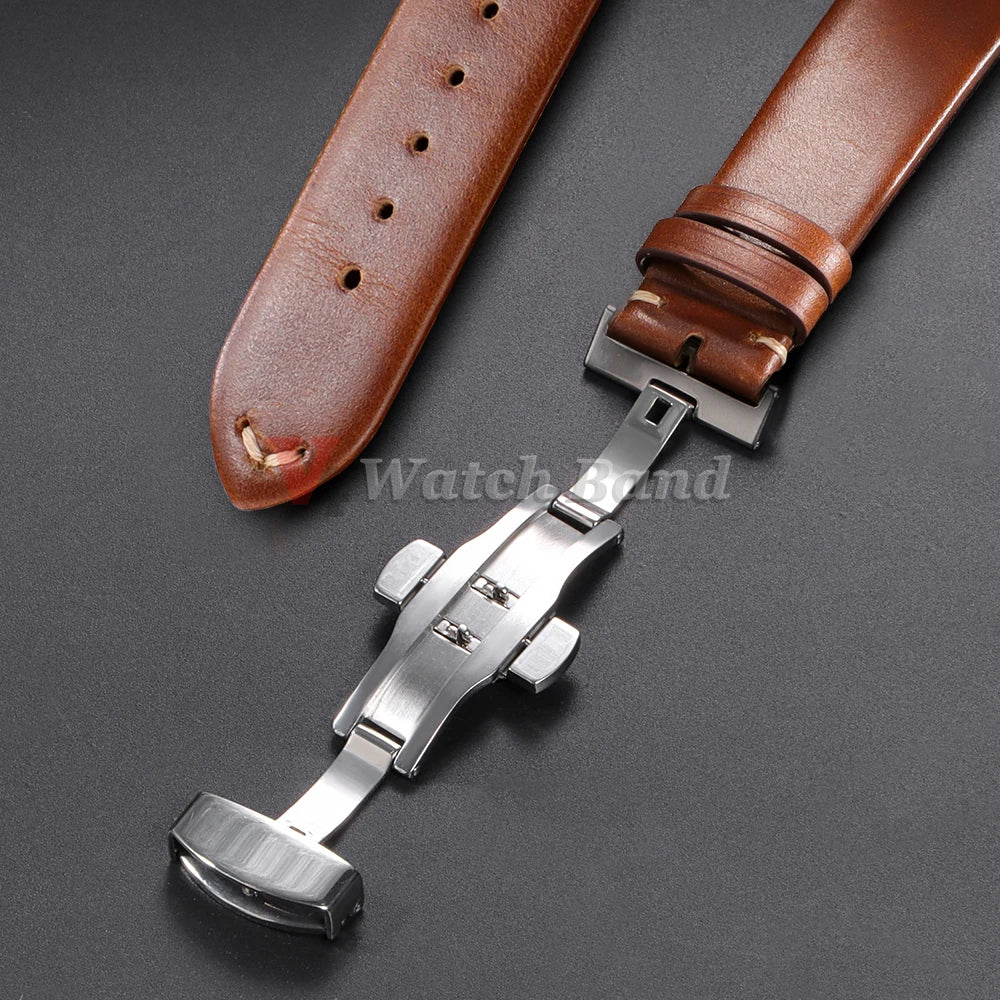18mm 20mm 22mm Vintage Oil Wax Cowhide Watchband Wristband Butterfly Buckle Stitching Brown Strap for Omega for Seiko Watchband