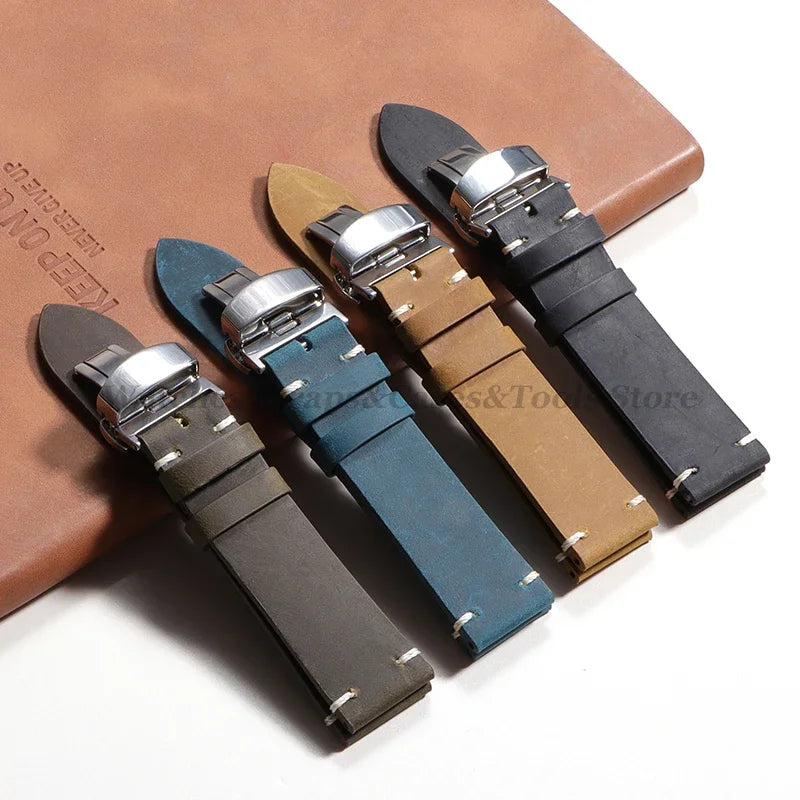 Stitching Cowhide Strap for Omega for Seiko 18/19/20/21/22/24mm Wrist Bracelet Vintage Brown Leather Watch Band Butterfly Buckle