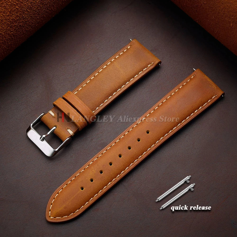 Vintage Cowhide Leather Watch Strap 14mm 16mm 18mm 20mm 22mm 24mm for Huawei WatchGT4/GT3 Stitching Brown Quick Release Bracelet