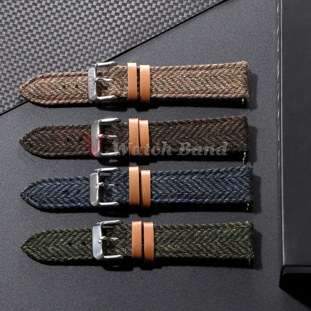 18/20/22mm Genuine Cowhide Nylon Watch Band Quick Release Strap Vintage Woven Tweed Fabric Bracelet Men Women Replace Wristband