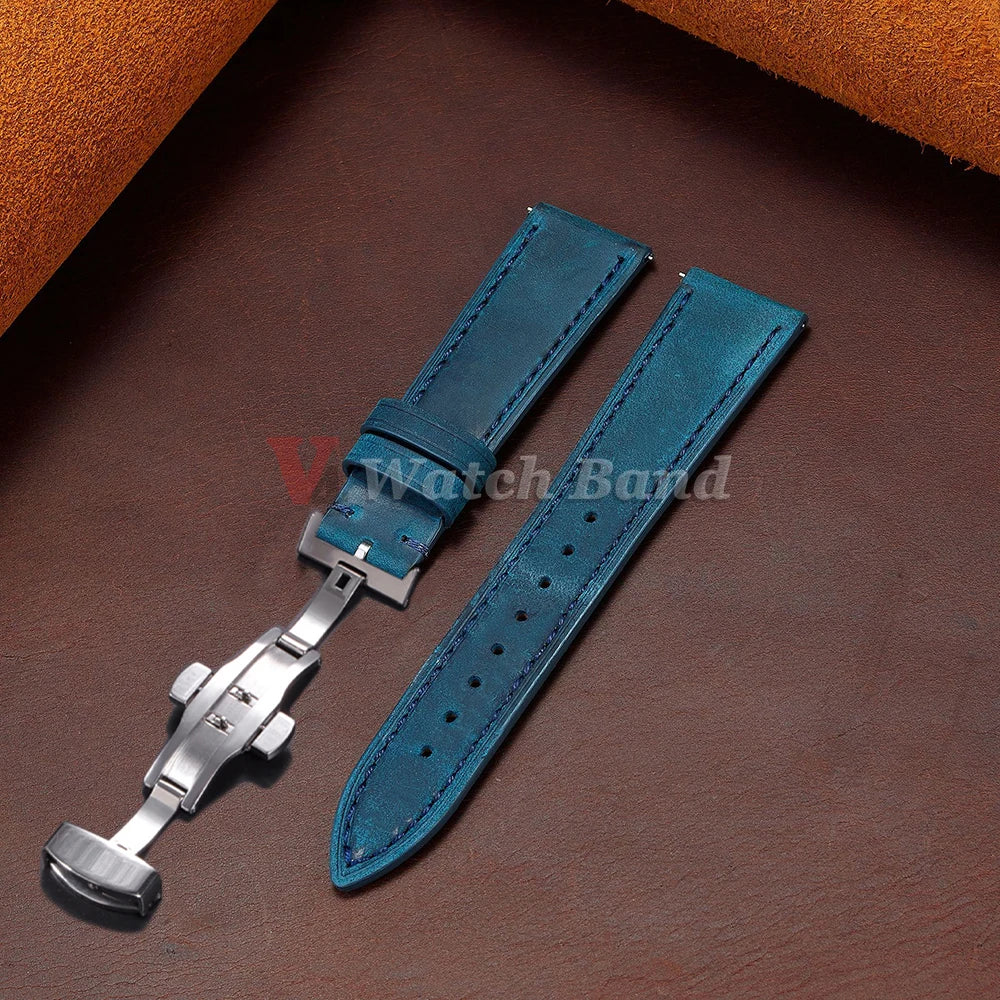 Vintage Leather Watch Band Butterfly Buckle Stitching Cowhide Strap for Omega 18/19/20/21/22/24mm for Wrist Bracelet for Seiko