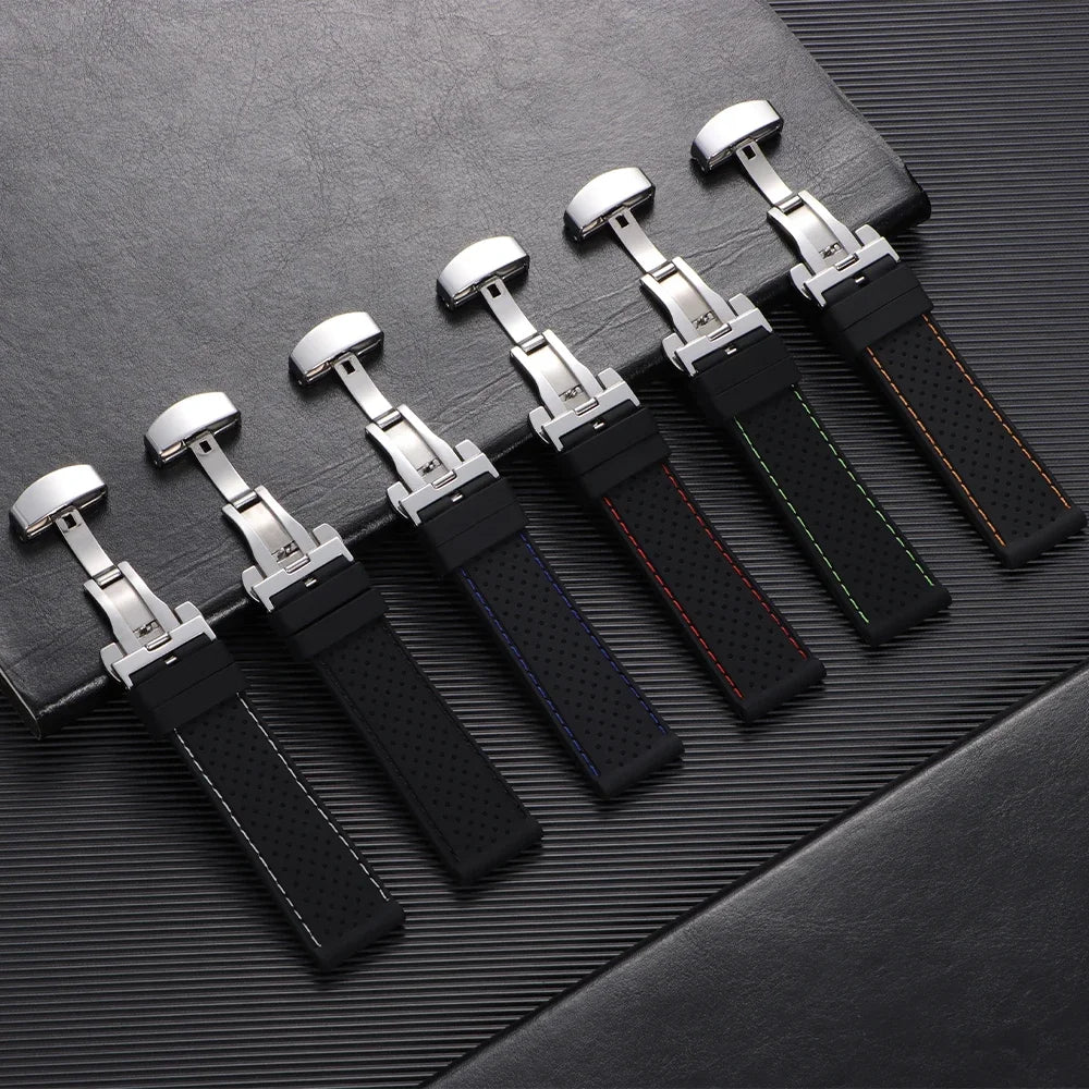 20mm 22mm Premium Silicone Watch Band Butterfly Buckle Waterproof Soft Rubber Strap Breathable Strap Replacement Universal Watch