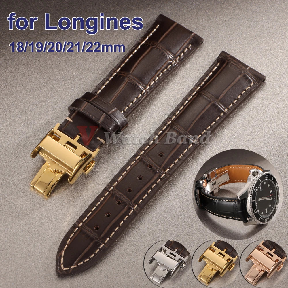 18mm 19mm 20mm 21mm 22mm Cowhide Watch Strap for Longines Replacement Bracelet Universal Metal Butterfly Clasp Wrist Band