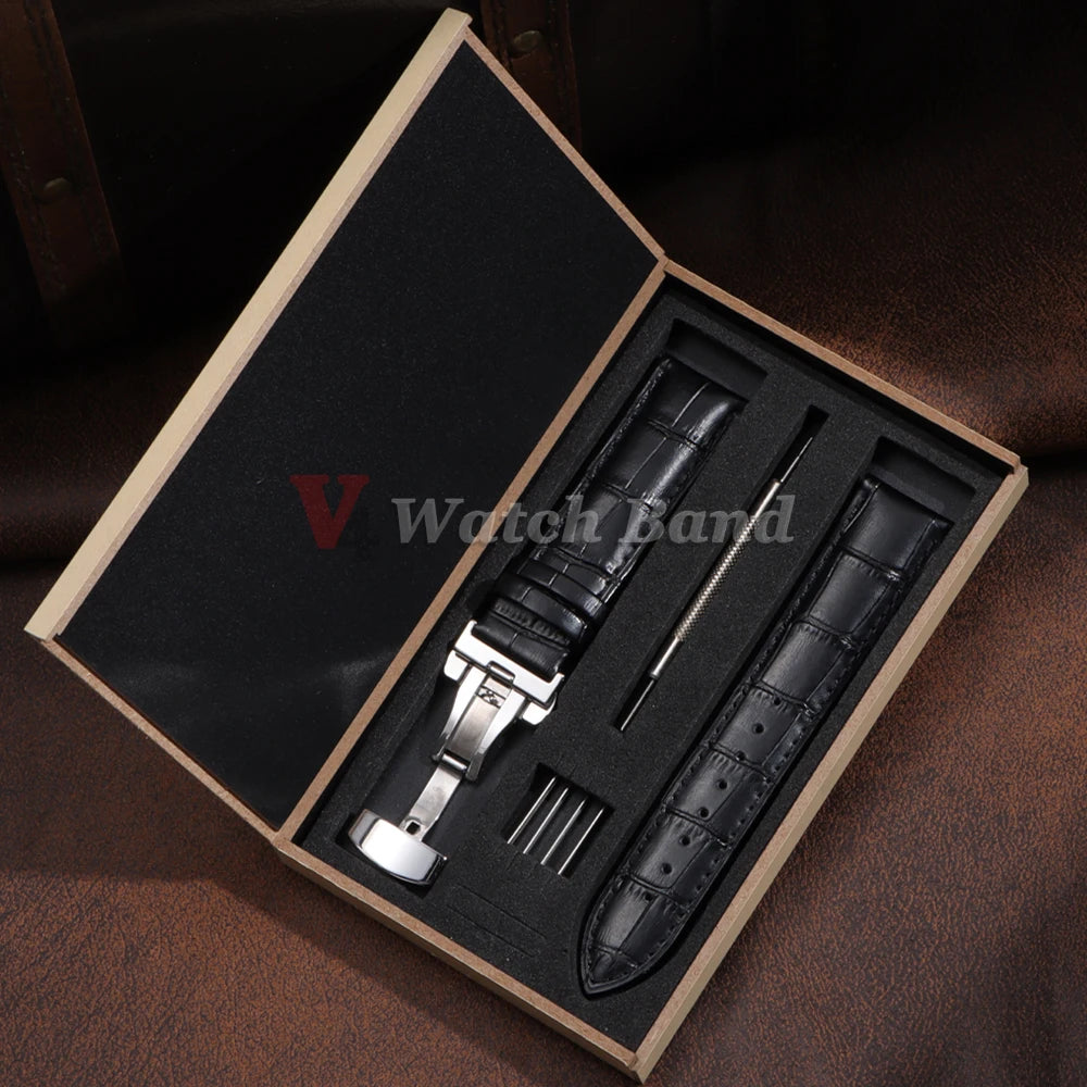 12/13/14/15/16/17/18/19/20/21/22/23/24mm Genuine Leather Strap with Box Bracelet Wristband Band Butterfly Clasp Watch Accessory