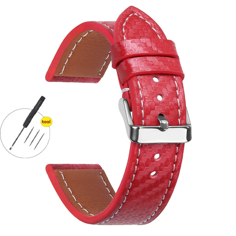 Carbon Fiber Texture Leather Strap for Seiko Cowhide Leather Watchband Soft Men Watch Accessories Wrist Belt 18mm 20mm 22mm 24mm