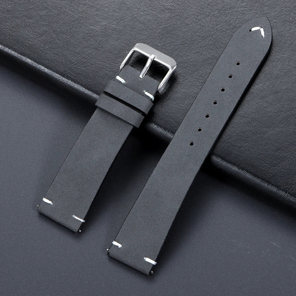 Vintage Matte Leather Watch Band for Seiko 20mm 22mm for Omega Handmade Stitching Cowhide Strap for Huawei Smartwatch Wristband