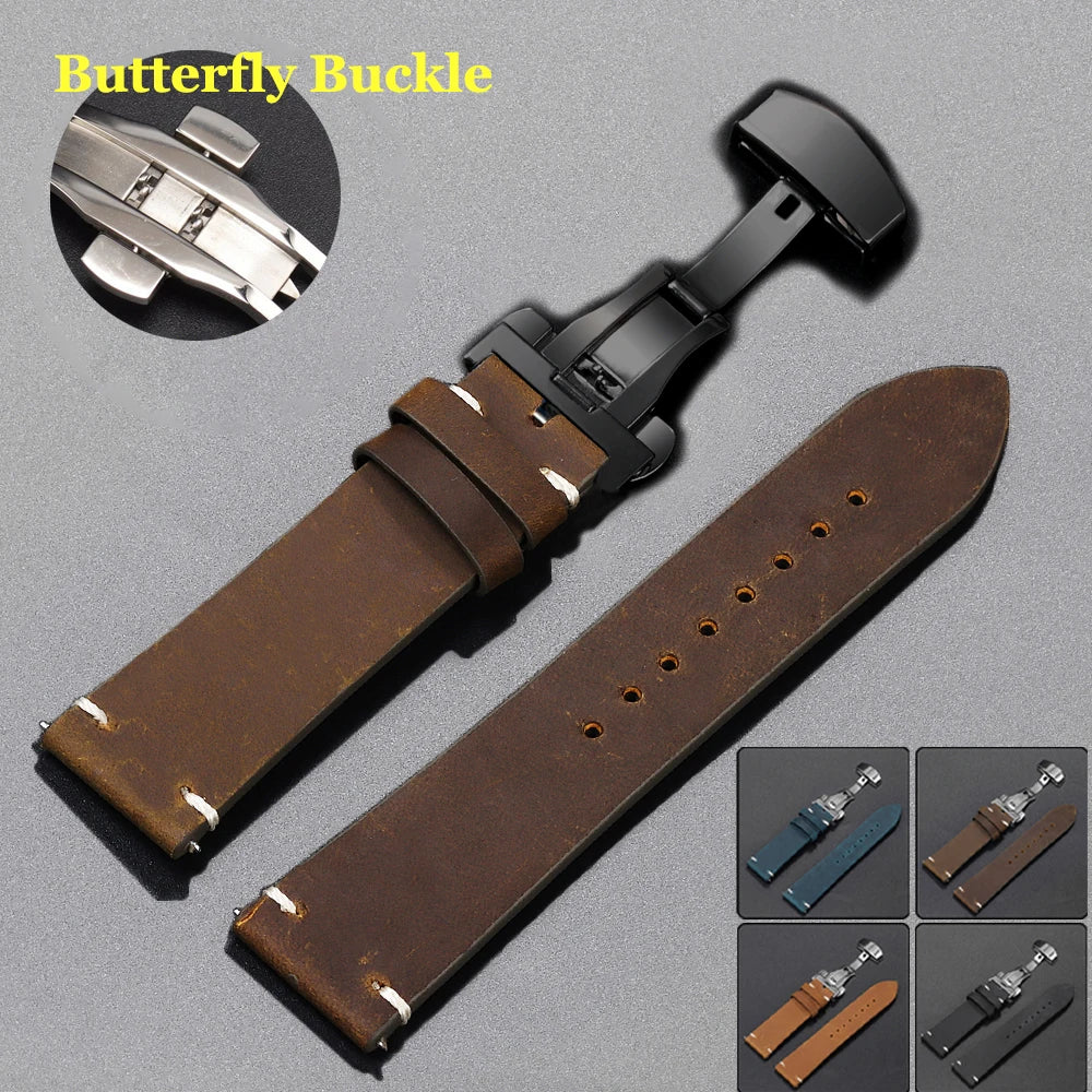 Stitching Cowhide Strap for Omega 18/19/20/21/22/24mm for Wrist Bracelet for Seiko Vintage Leather Watch Band Butterfly Buckle