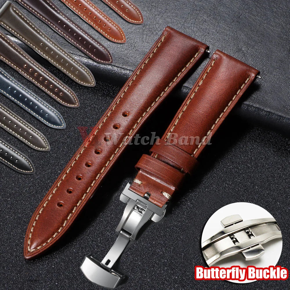 18mm 19mm 20mm 21mm 22mm Universal Vintage Watch Strap Butterfly Buckle Brown Head Layer Cowhide Watchband Bracelet Accessories
