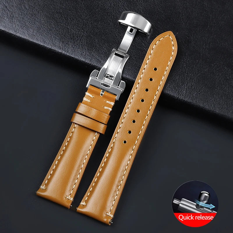 Stitching Cowhide Strap for Omega 20mm 22mm 24mm Yellow Wrist Bracelet for Seiko BlackVintage Leather Watchband Butterfly Buckle