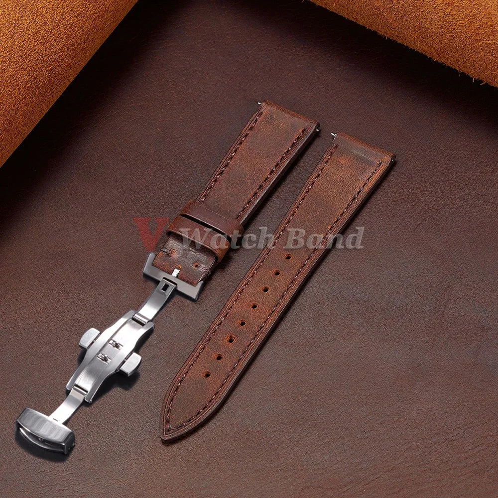 Vintage Brown Watch Band Butterfly Buckle Stitching Cowhide Strap for Omega 18/19mm 20/21mm 22/24mm for Wrist Bracelet for Seiko