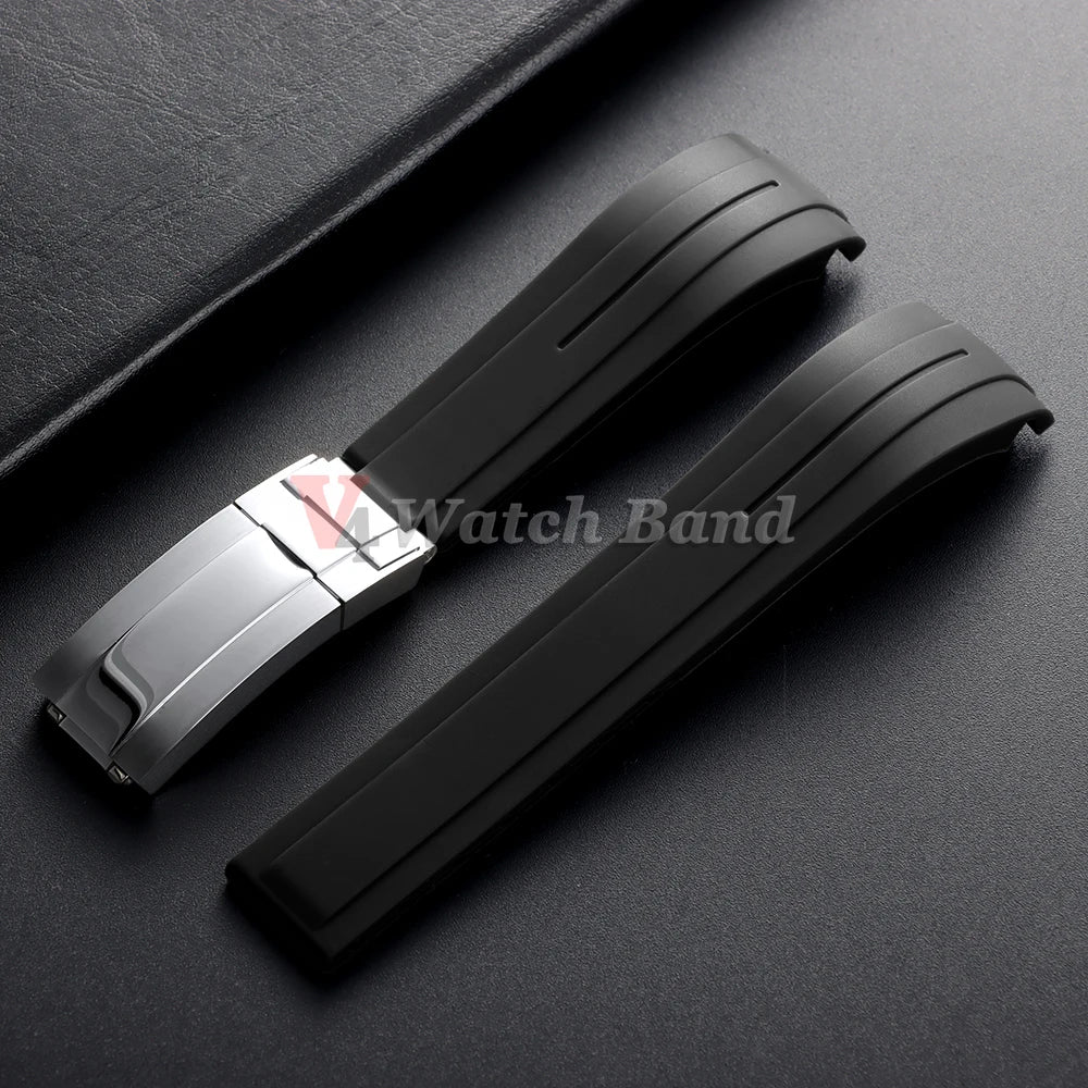 Arc Rubber Watchband 20 21mm 22mm for Rolex Daytona Yacht-Master Ultra Flexible Comfortable Silicone Folding Buckle Curved Strap