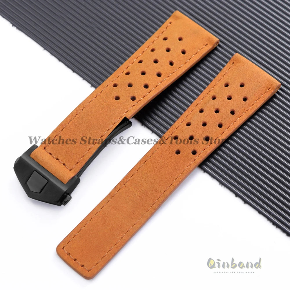20mm 22mm 24mm Soft Genuine Cow Leather Watchband for Tag Heuer for Carrera Monaco Series Frosted Fold Buckle Men Women Straps