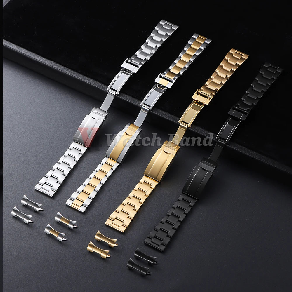 Curved End Metal Watch Strap 20mm for Rolex for Oyster Perpetual Stainless Steel Wrist Band Folidng Buckle Bracelet Accessories