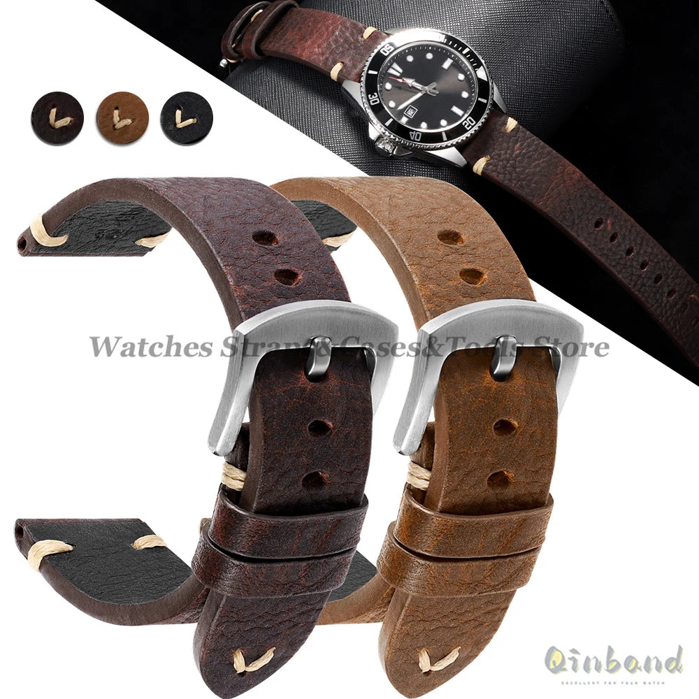 18mm 20mm 22mm Genuine Leather Watchband Old Black Brown Men Women Vintage Handmade Stitching Bracelet for Seiko for Omega Strap