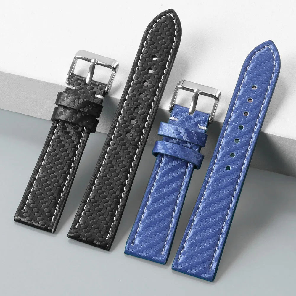 Carbon Fiber Texture Leather Strap for Seiko Cowhide Leather Watchband Soft Men Watch Accessories Wrist Belt 18mm 20mm 22mm 24mm