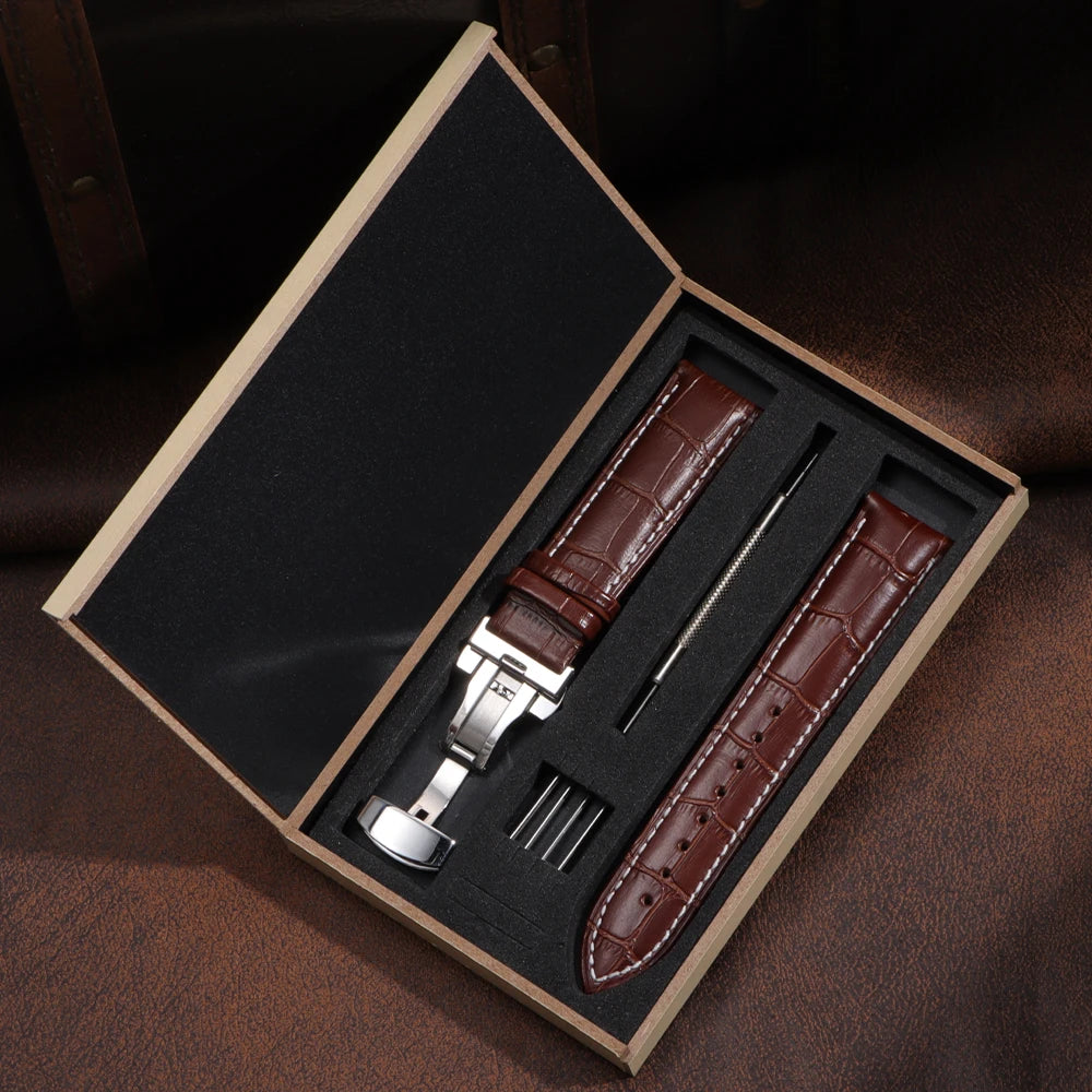 12/13/14/15/16/17/18/19/20/21/22/23/24mm Genuine Leather Strap with Box Bracelet Wristband Band Butterfly Clasp Watch Accessory
