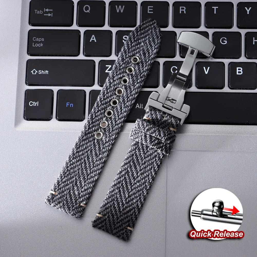 Quick Release Bracelet for Omega for Seiko Watch Band Vintage Genuine Leather Tweed Nylon Strap 18mm 20mm 22mm Butterfly Buckle