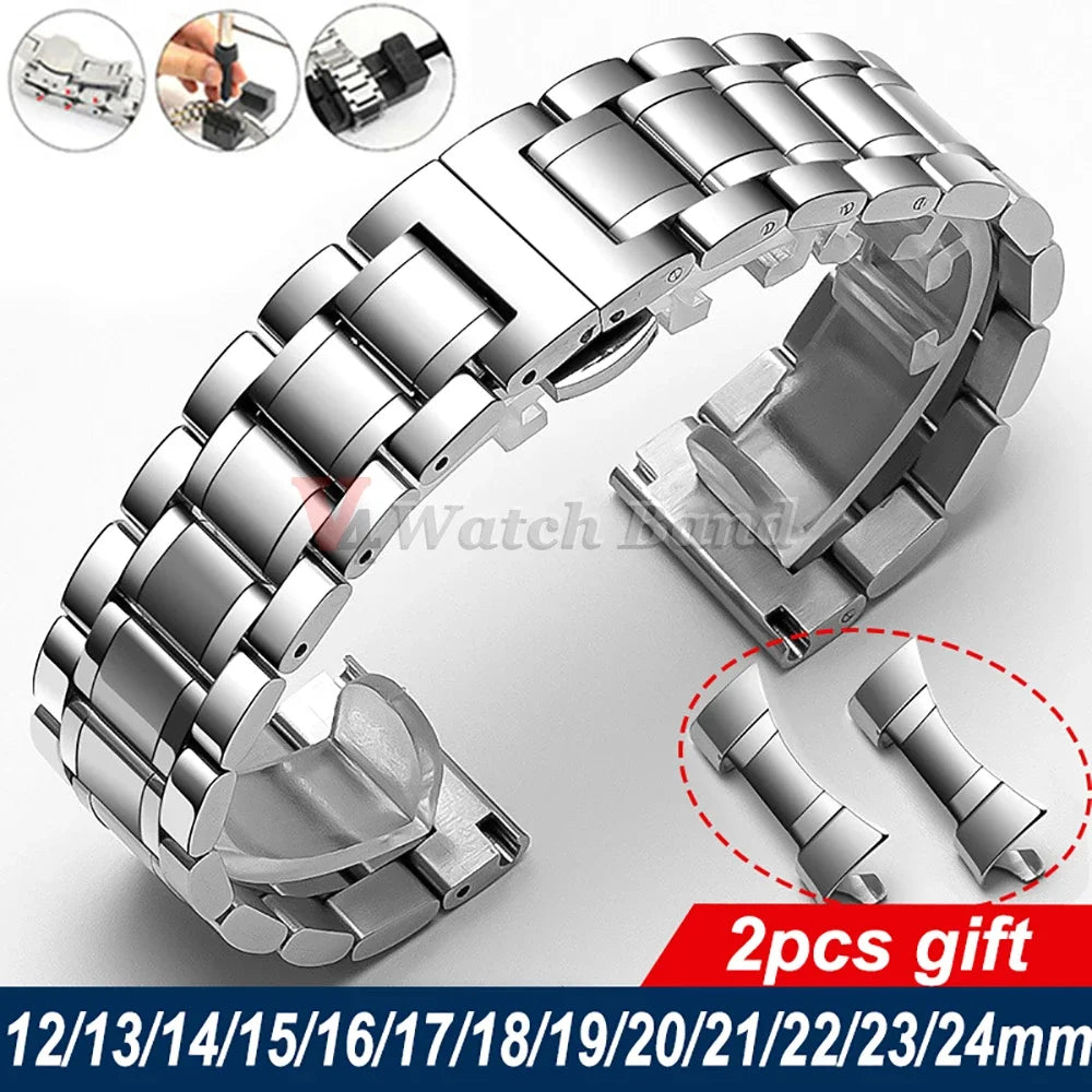 12/13/14/15/16/17/18/19/20/21/22/23/24mm Curved End Universal Strap Solid Stainless Steel Watch Bands for Tissot Butterfly Clasp