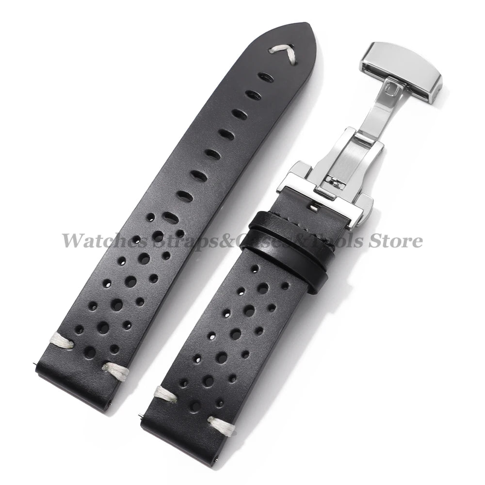 20mm 22mm Genuine Cowhide Leather Watchband Strap for Seiko for Omega Oil Wax Discoloration Butterfly Buckle Business Bracelets
