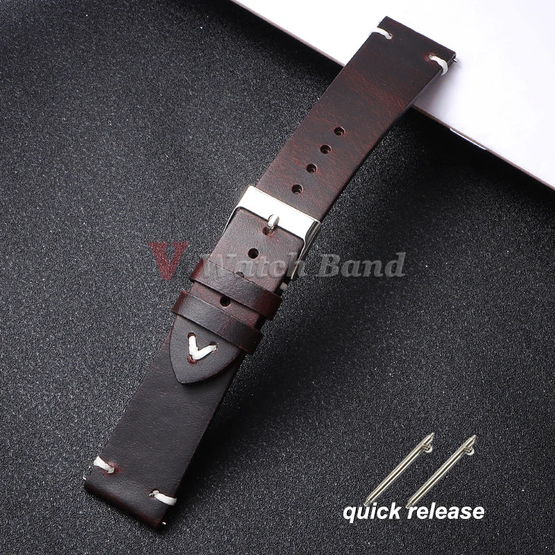 Quick Release Oil Wax Stitching Cowhide Strap for Omega 18mm 20mm 22mmBracelet For Seiko Vintage Leather Watch Band