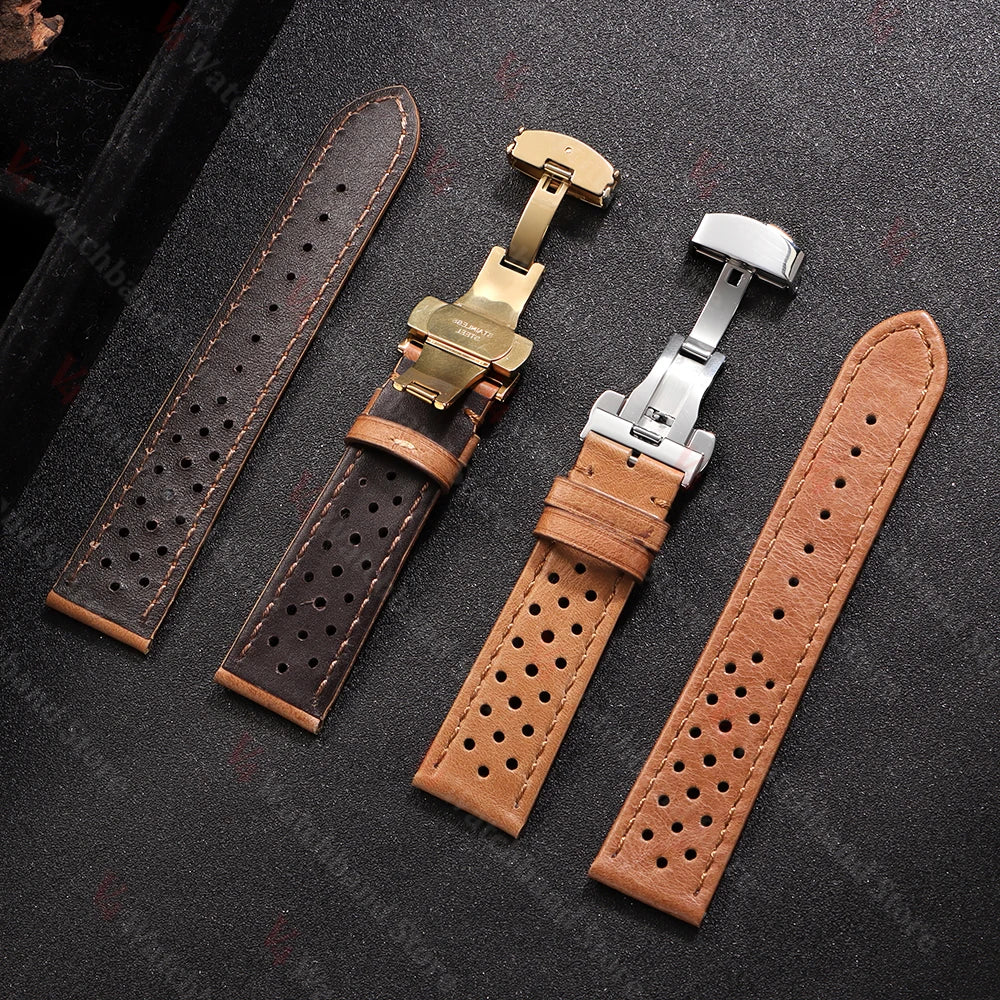 18mm 20mm 22mm Universal Genuine Cowhide Watch Band Vintage Strap for Men Women Breathable Bracelet Butterfly Buckle Wristbelt