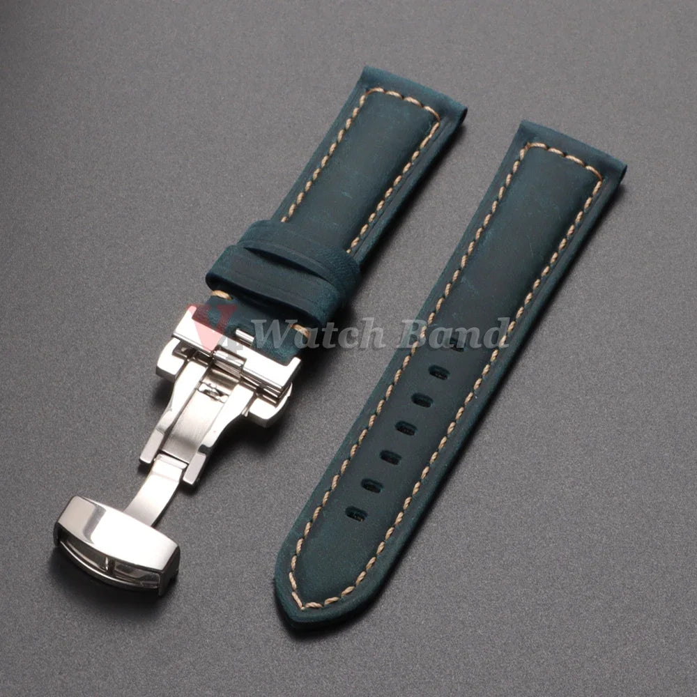 Retro Genuine Calfskin Watchband for Omega Business Watch Band 20mm 22mm 24mm 26mm Butterfly Buckle Stitching Blue Brown Strap