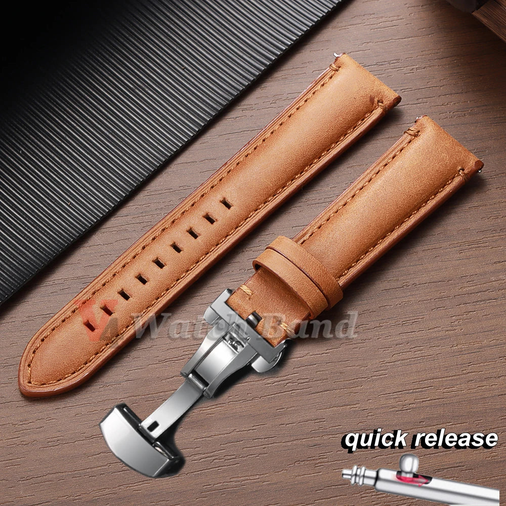 20mm 22mm 24mm Genuine Cowhide Watch Band Butterfly Buckle Vintage Straps Men Women Soft Leather Wrist Bracelet Belt Accessory