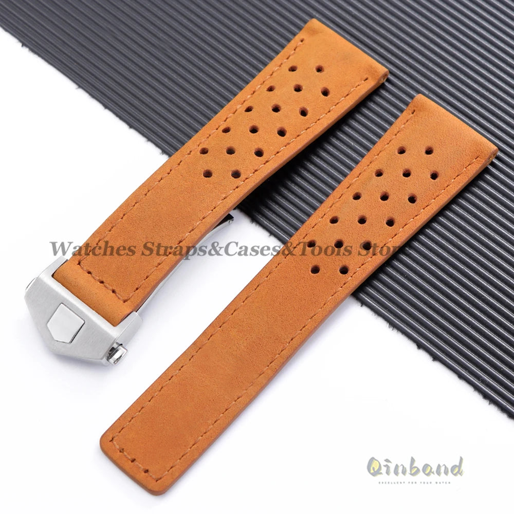 20mm 22mm 24mm Soft Genuine Cow Leather Watchband for Tag Heuer for Carrera Monaco Series Frosted Fold Buckle Men Women Straps