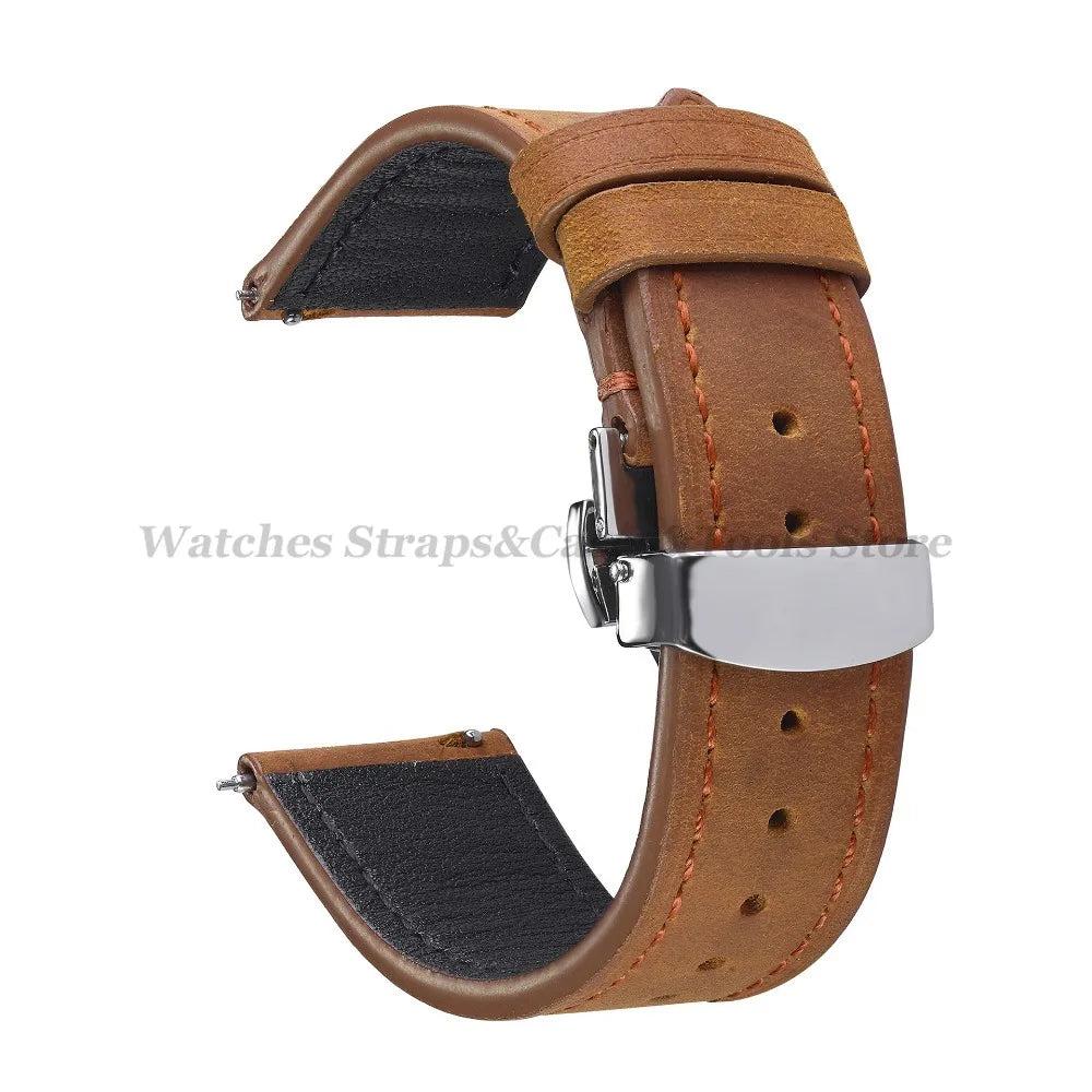 Crazy Horse Cowhide Leather Watch Strap 18mm19mm 20mm 21mm 22mm 24mm Butterfly Buckle Bracelet for Omega Smart Vintage Watchband