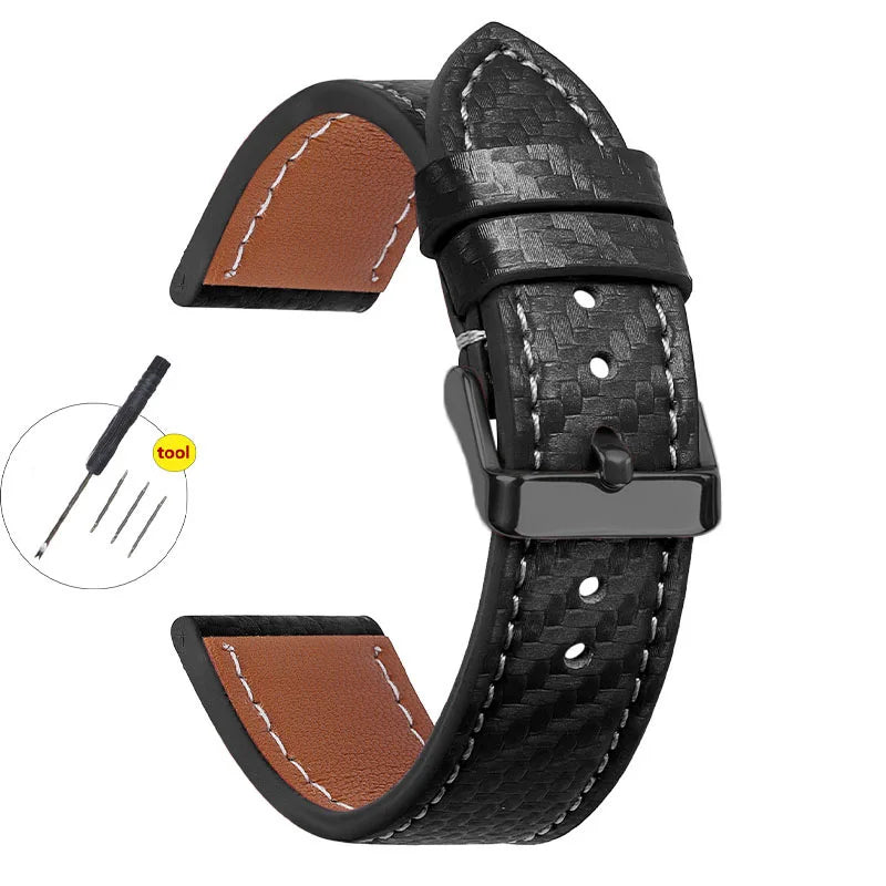 Carbon Fiber Texture Leather Strap for Seiko Cowhide Leather Watchband Soft Men Watch Accessories Wrist Belt 18mm 20mm 22mm 24mm