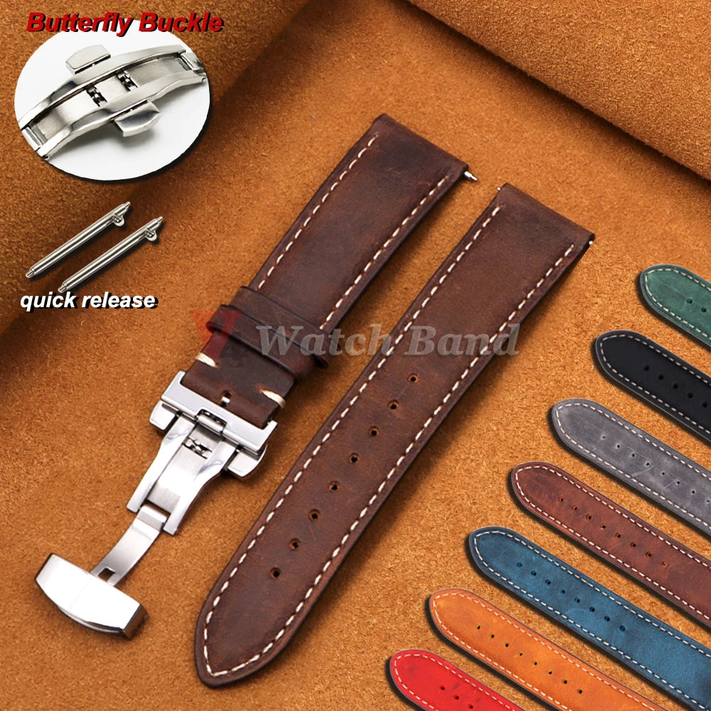 14/16/18/20/22/24mm Business Watch Band for Seiko Genuine Calfskin Leather Watchband for Omega Butterfly Buckle Stitching Strap