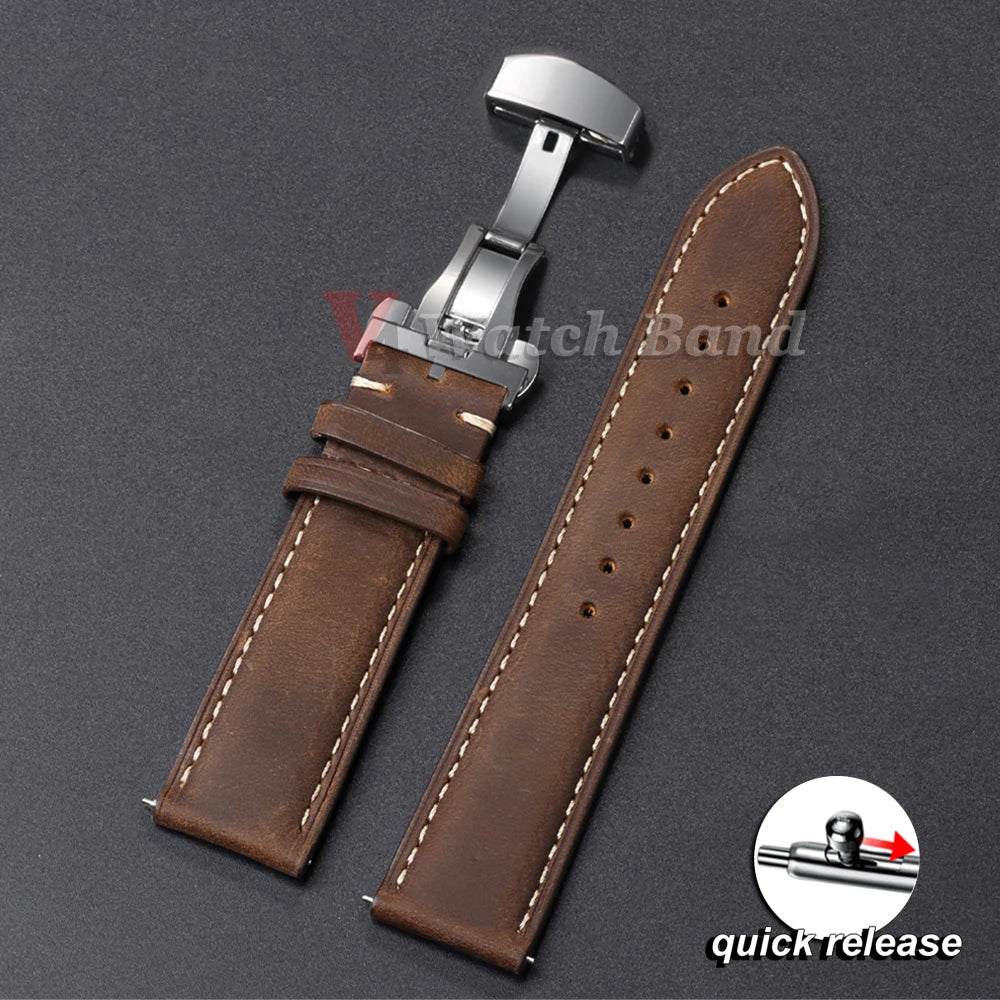 Genuine Calfskin Watchband for Omega Business Watch Band for Seiko 20/22/24mm Butterfly Buckle Stitching Brown Strap 14/16/18mm