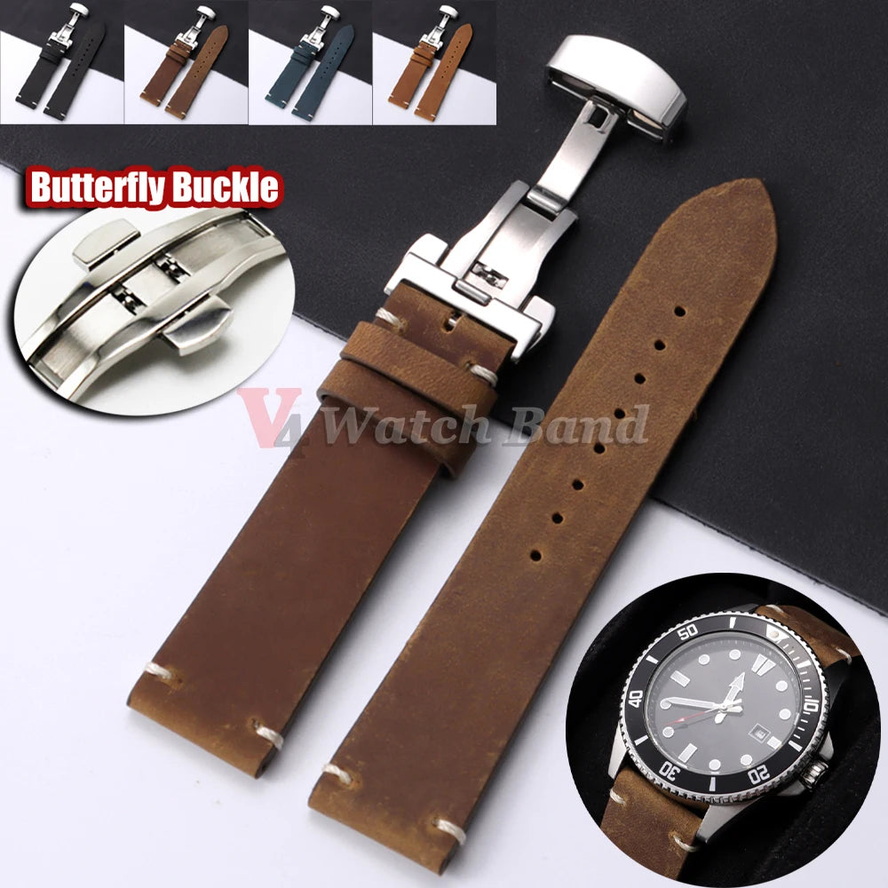 Cowhide Watch Strap 18mm 20mm 21mm 22mm 24mm for Samsung Galaxy Watch 7/6/5/4 Vintage Blue Brown Bracelets for Omega  for Seiko