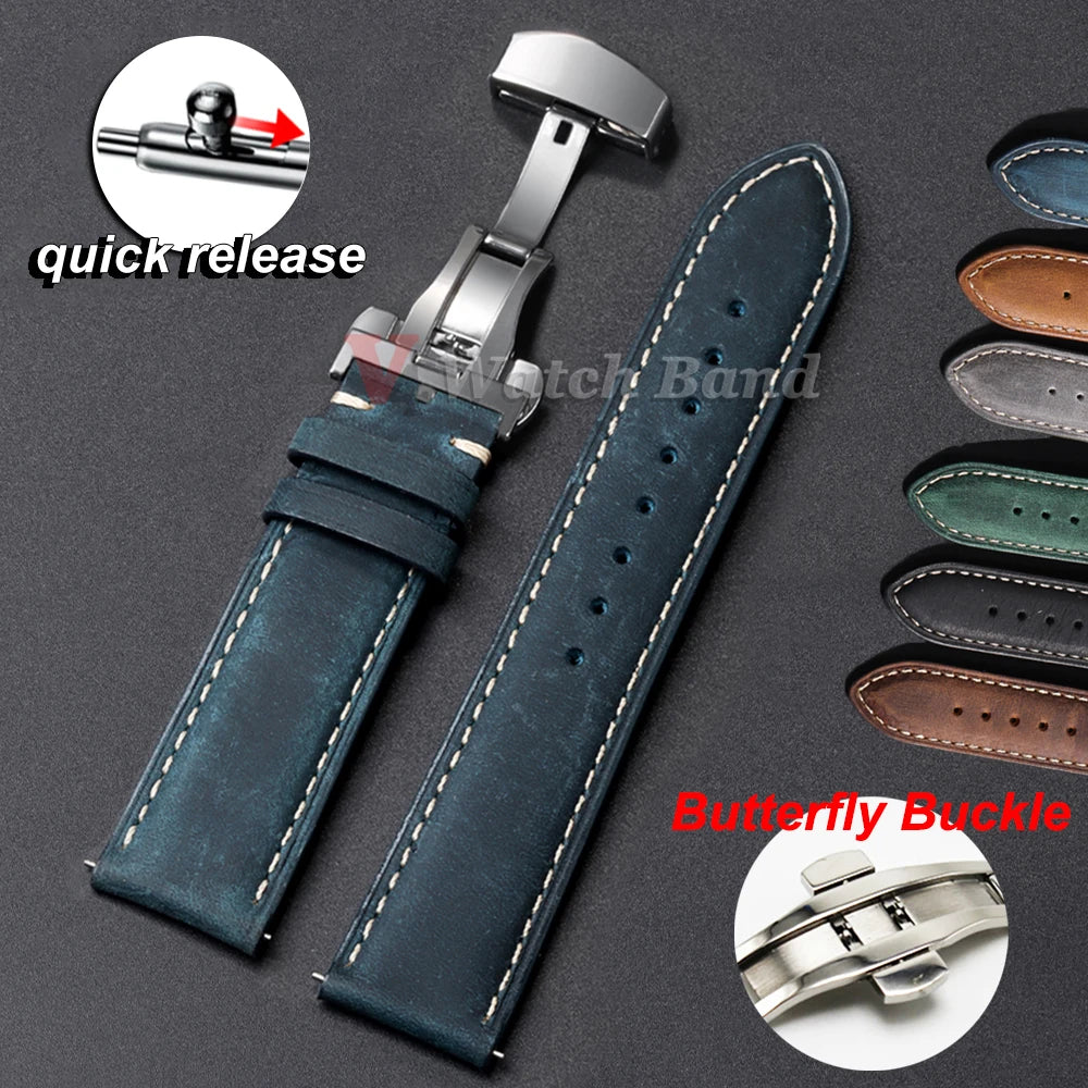 Genuine Calfskin Watchband for Omega Business Watch Band for Seiko 20/22/24mm Butterfly Buckle Stitching Brown Strap 14/16/18mm
