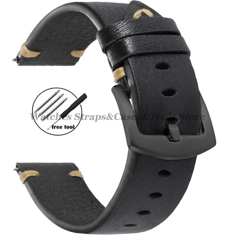 20mm 22mm Genuine Cowhide Watch Strap Vintage Litchi Pattern Leather for Smart Watch Band for Seiko Men Women Watch Accessories