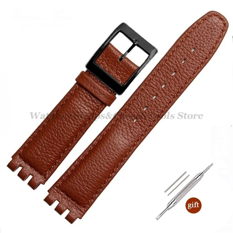 17mm Cowhide Leather Strap for Swatch Lychee Leather Watch Band for Men Women Belt Metal Buckle Replacement Bracelet Accessories