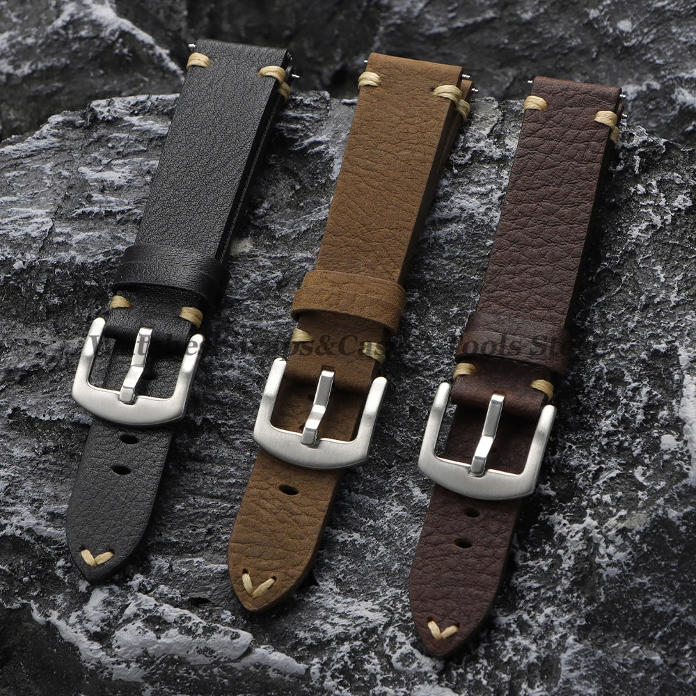 20mm 22mm Genuine Cowhide Watch Strap Vintage Litchi Pattern Leather for Smart Watch Band for Seiko Men Women Watch Accessories