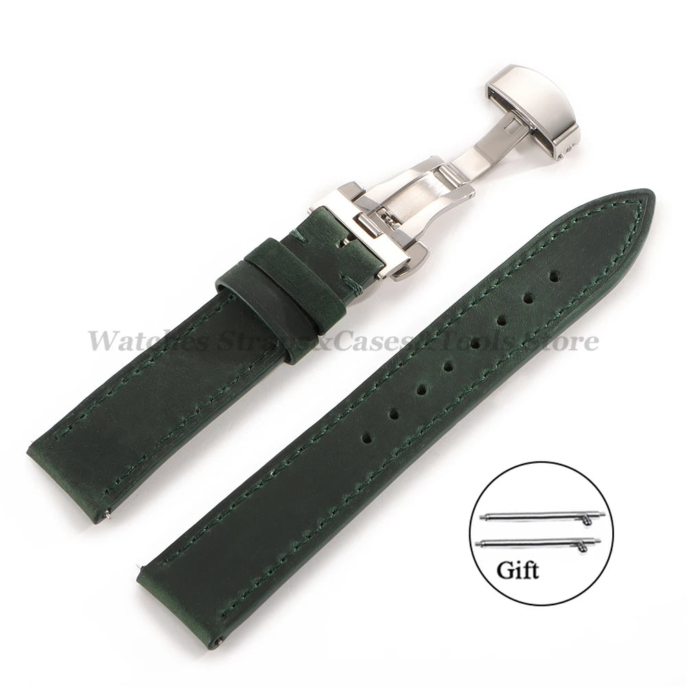 Crazy Horse Leather Watch Strap 18mm 19mm 20mm 21mm 22mm 24mm Butterfly Buckle Stitching Cowhide Strap for Seiko for Omega Belts