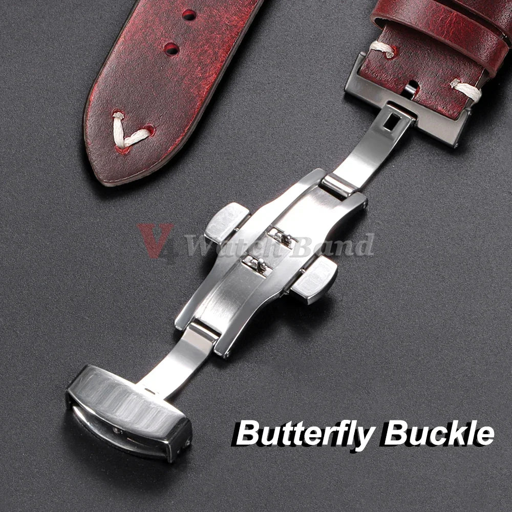 Oil Wax Stitching Cowhide Strap for Omega 18/20/22mm Quick Release Bracelet ForSeiko Vintage Leather Watch Band Butterfly Buckle