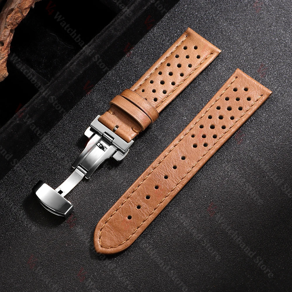 18mm 20mm 22mm Universal Genuine Cowhide Watch Band Vintage Strap for Men Women Breathable Bracelet Butterfly Buckle Wristbelt