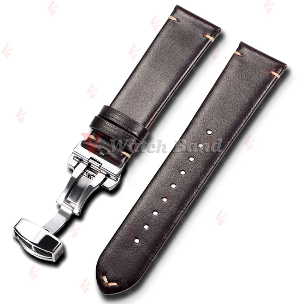 18mm 20mm 22mm Vintage Oil Wax Cowhide Watchband Wristband Butterfly Buckle Stitching Brown Strap for Omega for Seiko Watchband