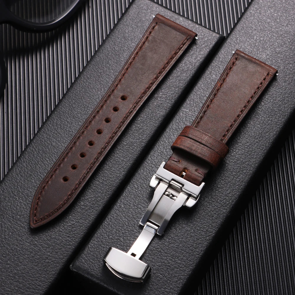 19mm 21mm Genuine Calfskin Leather Watchband for Omega Business Belt for Seiko 18/20/22/24mm Butterfly Buckle Brown Watch Straps