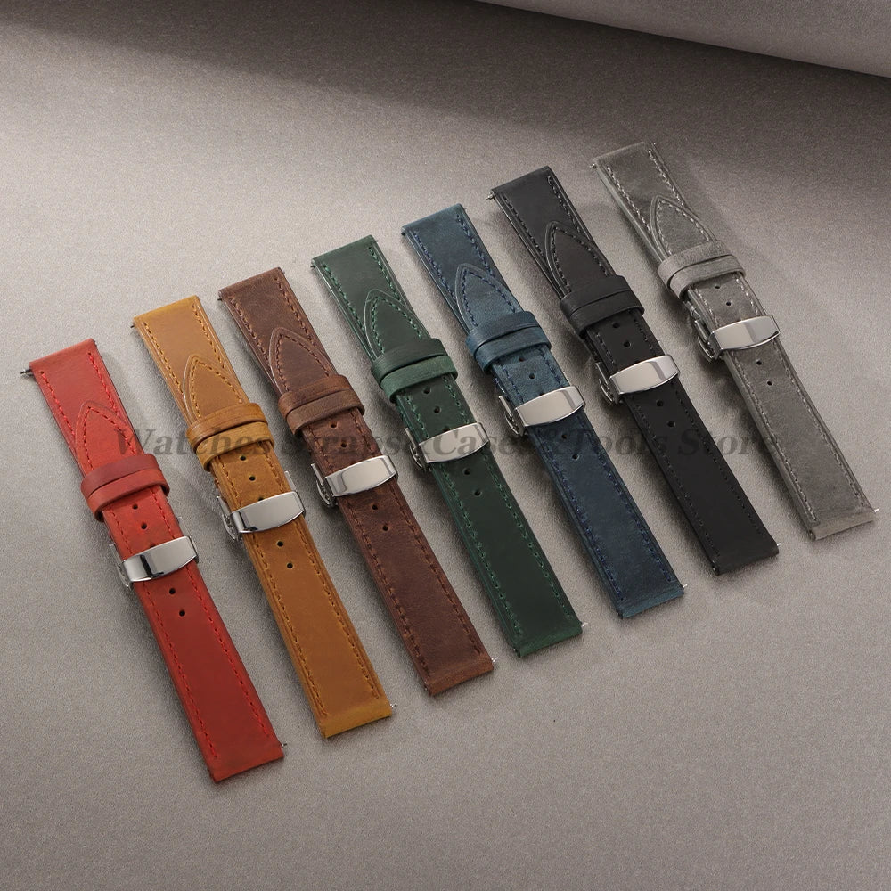 Crazy Horse Leather Watch Strap 18mm 19mm 20mm 21mm 22mm 24mm Butterfly Buckle Stitching Cowhide Strap for Seiko for Omega Belts