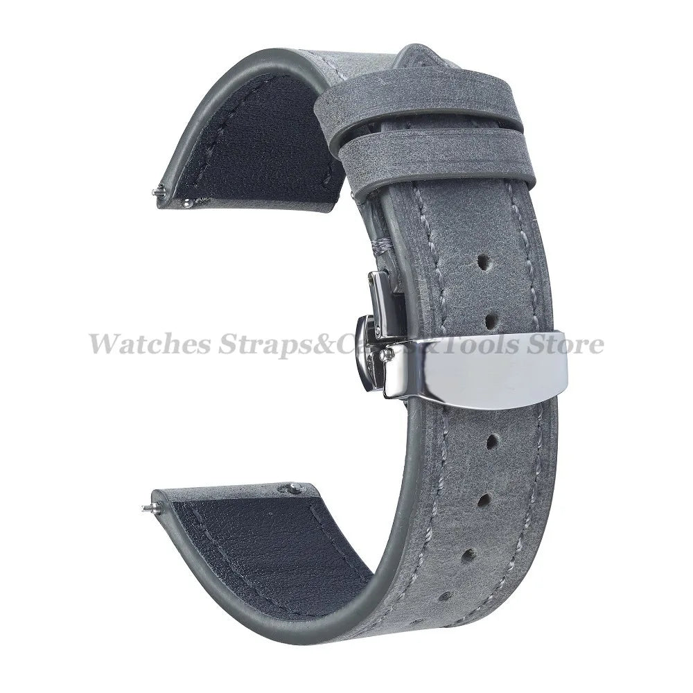 Crazy Horse Cowhide Leather Watch Strap 18mm19mm 20mm 21mm 22mm 24mm Butterfly Buckle Bracelet for Omega Smart Vintage Watchband