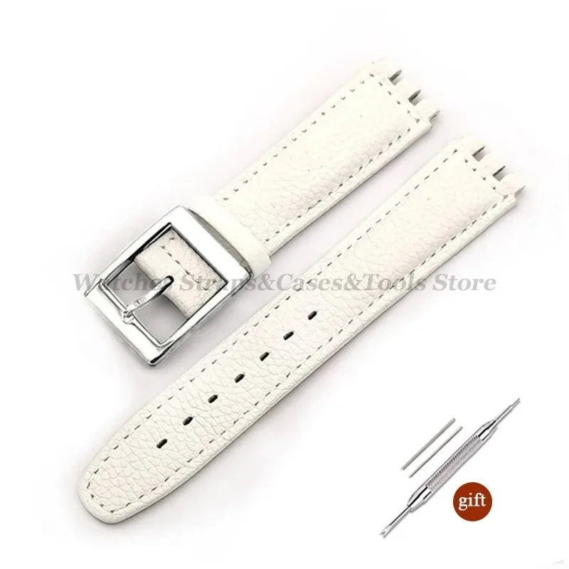 17mm Cowhide Leather Strap for Swatch Lychee Leather Watch Band for Men Women Belt Metal Buckle Replacement Bracelet Accessories
