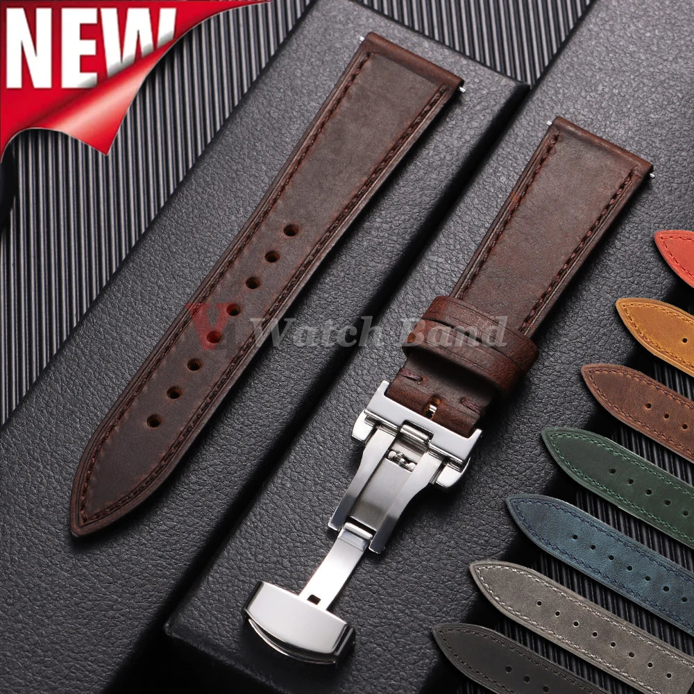 19mm 21mm Genuine Calfskin Leather Watchband for Omega Business Belt for Seiko 18/20/22/24mm Butterfly Buckle Brown Watch Straps