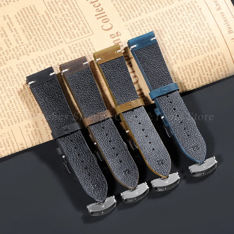 Stitching Cowhide Strap for Omega for Seiko 18/19/20/21/22/24mm Wrist Bracelet Vintage Brown Leather Watch Band Butterfly Buckle