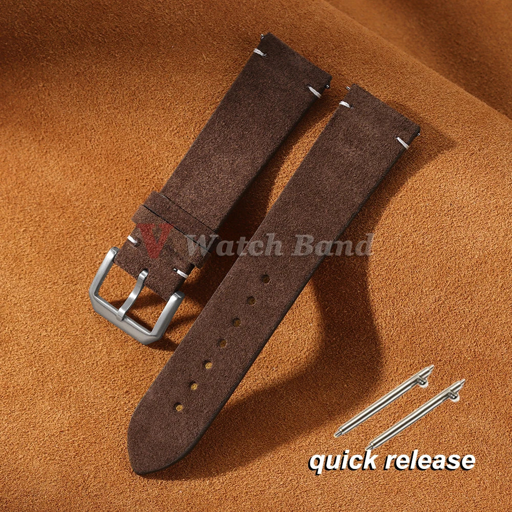 Suede Genuine Leather Watchband for Seiko for Samsung Vintage Straps Handmade Stitching Bracelet 20mm 22mm for Huawei Gt2 GT3/4