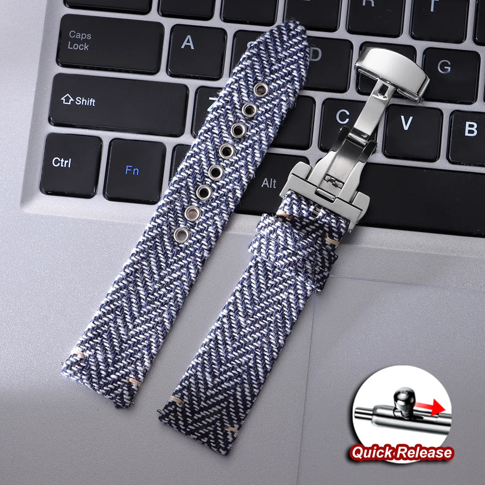 Quick Release Bracelet for Omega for Seiko Watch Band Vintage Genuine Leather Tweed Nylon Strap 18mm 20mm 22mm Butterfly Buckle